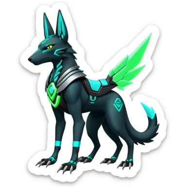 Black and green cyberpunk intricate neon glowing grey white futuristic cyborg-Anubis-Hermanubis-Zeraora-Zoroark-Luxray-fusion (full body) sticker