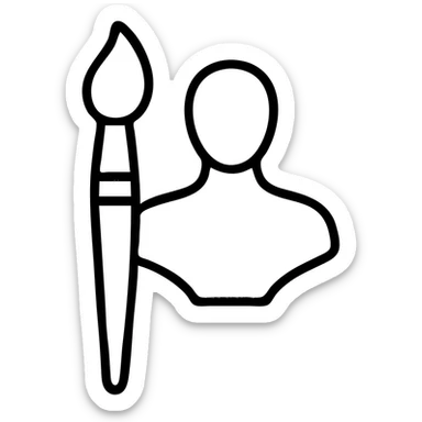 A paintbrush morphing into a polished silver human emblem sculpture silhouette, symbol of artistic identity sticker