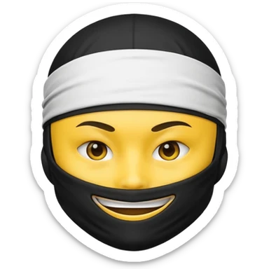 ninja face emoji with black ninja mask covering lower face, no skin color, standard emoji yellow, white headband, smiling sticker