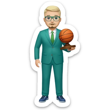 Full Body white male plus size wearing glasses with a goatee with light blonde and gray very short hair basketball head Coach in blue and green suit holding trophy sticker