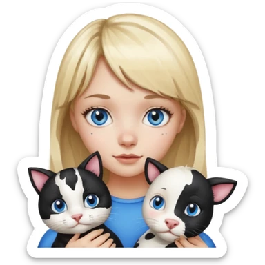 Cute cat black and white stain like a cow in the arms of a blond girl with bangs and blue eyes sticker
