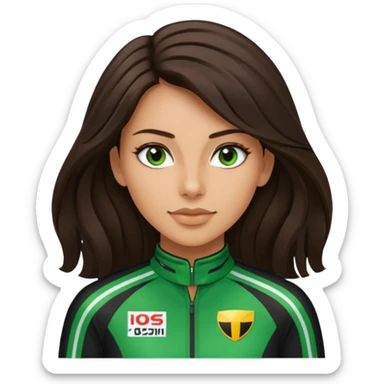 brunette long hair woman with black racing outfit with green strips sticker
