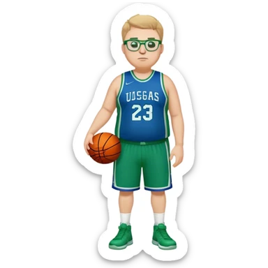 full body overweight tall white male basketball wearing glasses in blue an green uniform sticker