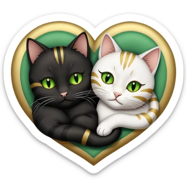 two cats, one black with gold eyes and another striped with green eyes sleeping next to eachother forming a heart sticker