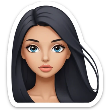 Glamours, tanned, very beautiful girl, with big pump peach-beige-rose lips, long long lashes, black straight smooth silky long hair, straight parting hair, blue-grey eyes sticker