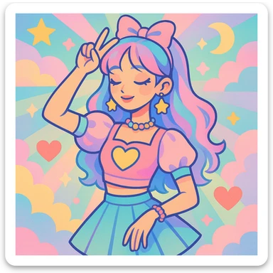 K-pop girl, dreamy pastel style, soft colors, whimsical pose, cute accessories, vibrant toon style, colorful, dynamic lighting sticker