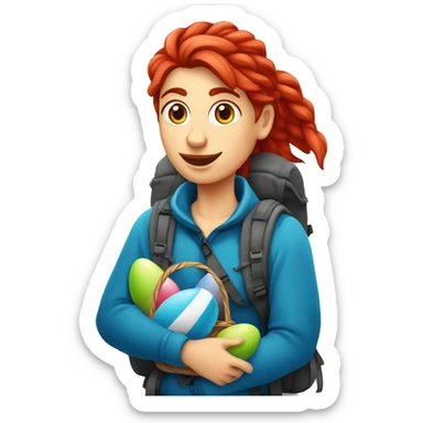 Female winter mountain climber red loose hair climbing with Greek flag on backpack and holding Easter eggs basket sticker
