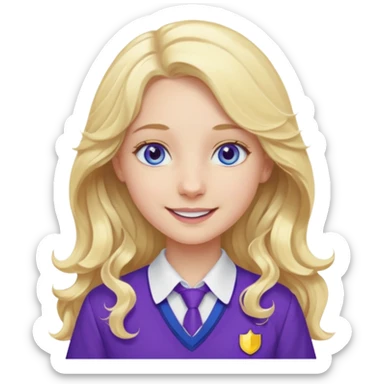 A pale girl with blue eyes and long and blonde , wavy hair , smiling wearing a purple school uniform  sticker