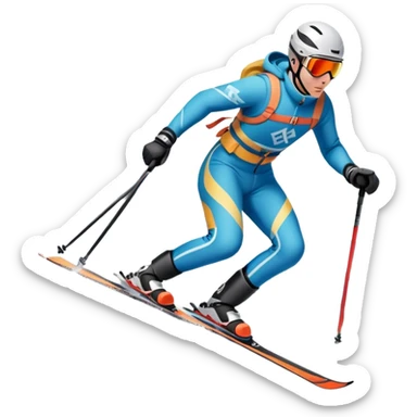 An icon featuring a skier racing down a snow-covered slope, surrounded by snowy peaks and pine trees. The design includes ski poles, bright winter gear, and dynamic motion lines, capturing the thrill and speed of alpine skiing. Transparent background sticker