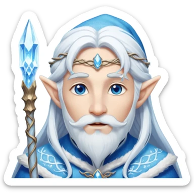 Legendary fantasy Christmas elf portrait icon, Santa Claus and Snow Maiden inspired, ancient winter spirit style, long flowing white-blue hair, glowing frost eyes, crystal staff, elegant elven features, divine winter magic aura, icy silver color palette, highly detailed but clean emoji icon male sticker