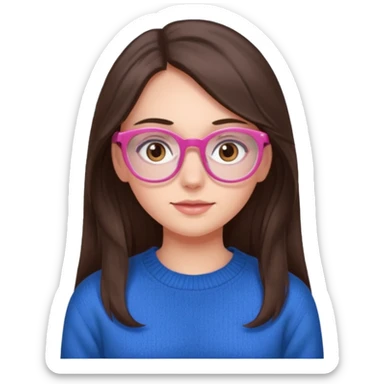 brunette girl whit blue sweater, long hair, brown eyes, pink eyeglasses  sticker
