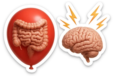 intestino umano anatomico chiuso in un palloncino rosso che simboleggia gonfiore, accanto un cervello anatomico con fulmini vicino che simboleggiano "stress", iperrealistico 4k sticker