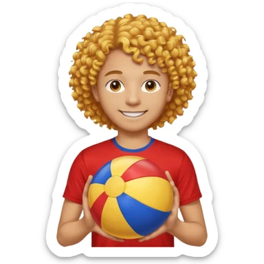 una persona de 18 años marron clarito con el pelo amrillo rizado con una camiseta roja y azul con un logo circular dorado y levantando un balon de playa sticker