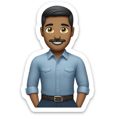 navajo  emoji of a man with short dark hair, clean-shaven, goatee and mustache.  wearing a formal button-up dark blue shirt,  smiling  with a smartwatch on his wrist.  resemble professional attire. smaller eyes  sticker