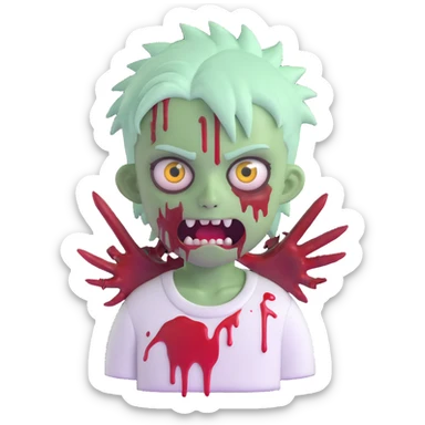 boy zombie emoji with pale whitish green skin, spiky anime hair, blood coming out of eyes, blood on white shirt sticker