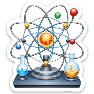 An icon featuring a large particle collider, atom symbols, and energy waves, symbolizing the field of physics. The design includes a lab setup with scientific equipment, representing experiments and fundamental forces of nature. Transparent background highlights the exploration of matter and energy. sticker