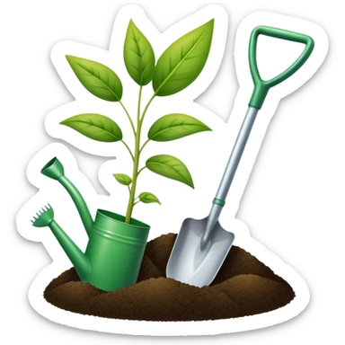 An icon featuring a shovel, a plant symbolizing agronomy. The design includes crops, a field, and a watering can, representing the science of soil management, crop production, and sustainable farming. Transparent background highlights agricultural research and growth. sticker