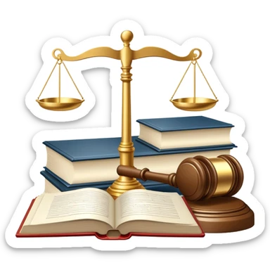 An icon featuring scales of justice, a gavel, and a legal book, symbolizing the study of law. The design includes courthouse pillars in the background, representing authority and legal systems. Transparent background highlights the principles of justice, order, and legal education. sticker