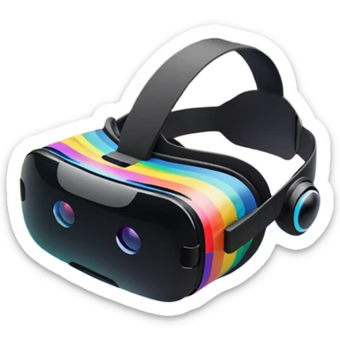 Show a VR headset or AR glasses, symbolizing the immersive hair experience. Include virtual objects or a 3D scene floating in the air in front of rainbow Make the background transparent. sticker