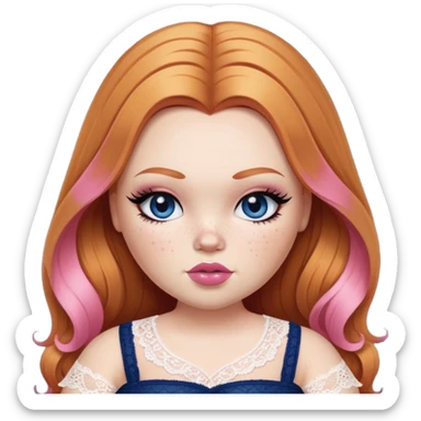 pretty bratz girl, big fat pluz-size, ginger straight hair, freckles, dark blue eyes, pink lips, black eyeliner, pale skin, cute lace girly clothes sticker