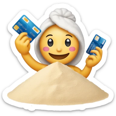 Happy emoji with credit card in hand and a pile of flour sticker