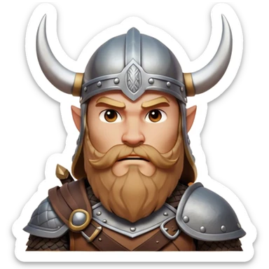 Clash of Clans aesthetic: Cinematic Fierce Viking Portrait Emoji, Poised and bold with a rugged yet stylized build, wearing a simple horned helmet and sporting a neatly trimmed beard, his face rendered in a natural skin tone, intense eyes reflecting fierce determination, Simplified yet dynamic features, highly detailed, glowing with a cool, battle-ready radiance, high shine, brave and resolute, stylized with an air of ancient Nordic valor, focused and commanding, soft glowing outline, capturing the essence of a fearless Viking adventurer ready to set sail on epic quests! sticker