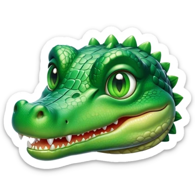 Cinematic Cute Crocodile Portrait Emoji, Head tilted playfully and inquisitively, featuring a smooth, glossy emerald-green hide with subtle textured scales and round, sparkling eyes filled with curious mischief, Simplified yet irresistibly adorable features, highly detailed, glowing with a warm, friendly glow, high shine, affectionate and surprisingly charming, stylized with a touch of wild whimsy, bright and endearing, soft glowing outline, capturing the essence of a mischievous yet lovable crocodile, so playful it feels like it could snap out of the screen into your arms! sticker