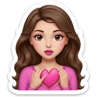 girl with long wavy brown hair, brown eyes, long lashes makeup, sexy pink lips, light to medium complexion, wearing a pink sexy top, sexy , puckering, blushing, kissing a heart sexy sticker