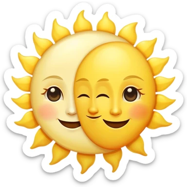 a really bright  big sun and a small moon who shines because of it. the sun is bigger and the moon bright too beside it smiling sticker