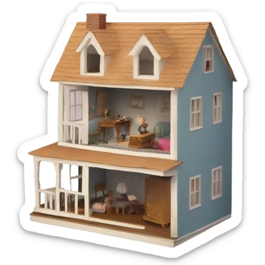 A broken-down dollhouse with a doll sitting inside,  sticker