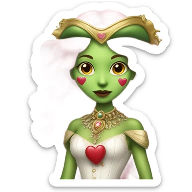 a green amazon alien woman in Victorian white gold, pink hair full body,holdig red big hearth sticker