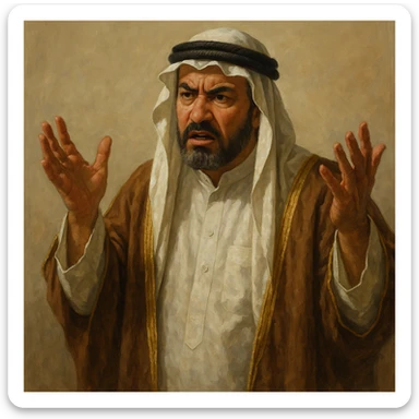 Сгенерируй араба в национальном  костюме, он чуть недоволен и размахивает руками, в стиле реалистичной живописи. . На однородном фоне sticker