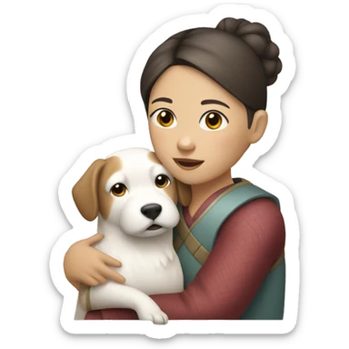 An asian girl whose hair is brown with white highlights hugging a chinese white dog sticker