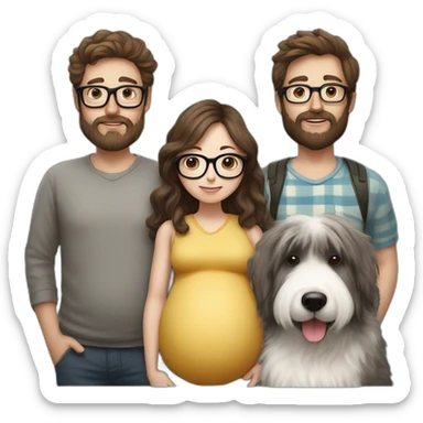 Hyperrealist pregnant girl with half long brown hair with glasses, a boy with long beard, glasses and short hair and english sheepdog sticker