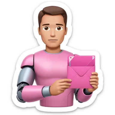 schwarzenegger-looking half robotic half human pink terminator holding pink email envelope sticker