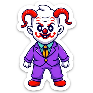 demonic clown wearing a leisure suit, bald with ram horns sticker