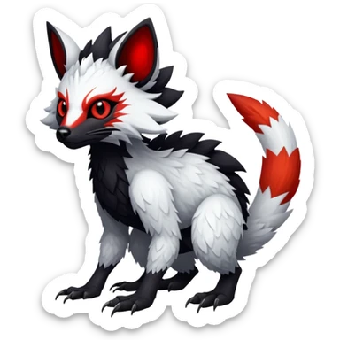 a white exotic edgy vernid-fionbr-Fakémon-creature, with black belly and red eyes, full body sticker