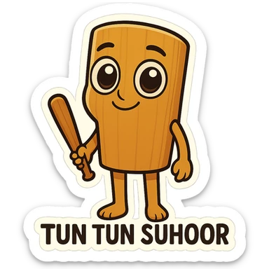 Chibi emoji of Tun Tun Suhoor, wooden stick body, smooth brown texture, big cartoon eyes on the stick, small smile, human arms and legs, holding a wooden bat, absurd and funny meme style, no text sticker