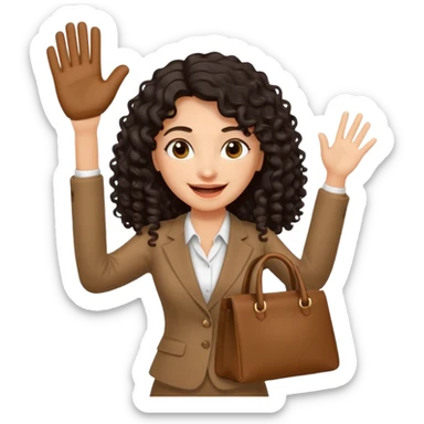 medium deep tan brown business woman with long black curly hair, waving hand with happy face with smile mouth and carrying bag on her shoulder sticker