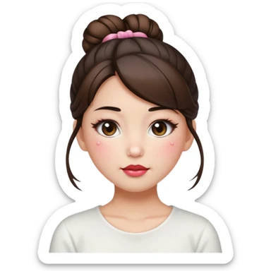 “japanese style Emoji brunette girl hair in bun white top, dewy skin, heavy blush across cheeks and nose bridge, glossy cherry lips, soft eyeliner, teary sparkling eyes sticker