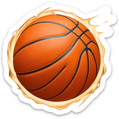 Cinematic Realistic image of a basketball captured in dynamic motion, with detailed surface textures and a slight motion blur, set against a vibrant urban backdrop with energetic lighting sticker