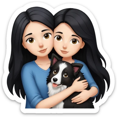 A white girl with long black  hair tightly hugged a Border Collie sticker