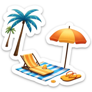 Icon for Beach Tourism: with the blue ocean, orange sunset, yellow sand beach and palm trees in the background, a sun umbrella, flip-flops, and a beach towel on the sand. The icon should represent relaxation and fun at the beach. Transparent background sticker