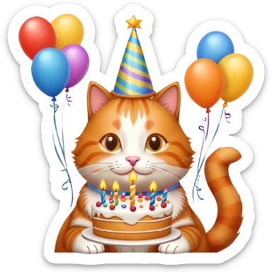 Ginger cat celebrates birthday, birthday hat, birthday cake, balloons, happy sticker