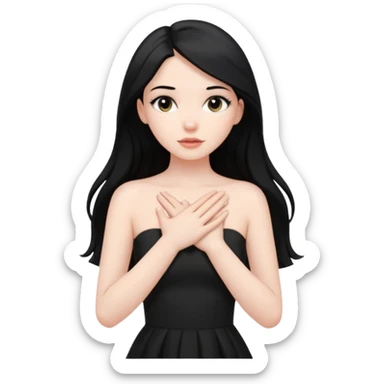 Pale girl with long black hair and black strapless dress with hands over her heart sticker