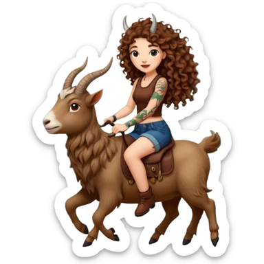 cute woman long curly brown hair tattoos riding forest goat sticker