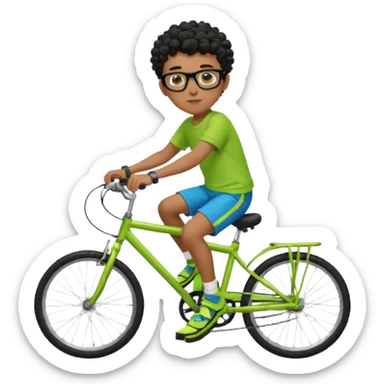 Menino pardo com cabelo curto cacheado preto raspado dos lados, de óculos preto quadrado e blusa verde e amarela bermuda preta e chinelo azul andando de biblicleta verde neon sticker