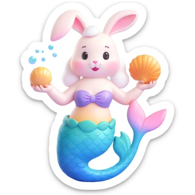 3D iOS-style character pastel bunny with mermaid tail holding singing shell, glossy rounded design, soft gradients, joyful dreamy expression sticker