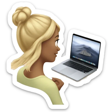 A blonde girl wearing airpods max and looking at a macbook sticker