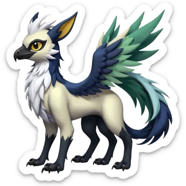 Dark-deep-colored gryphon-Trico-Nargacuga-Absol-Leafeon-Sprigatito-Silvally-fusion-hybrid with a long tufted tail, black beak, black claws, black tail, majestic, realistic, furry (full body) sticker